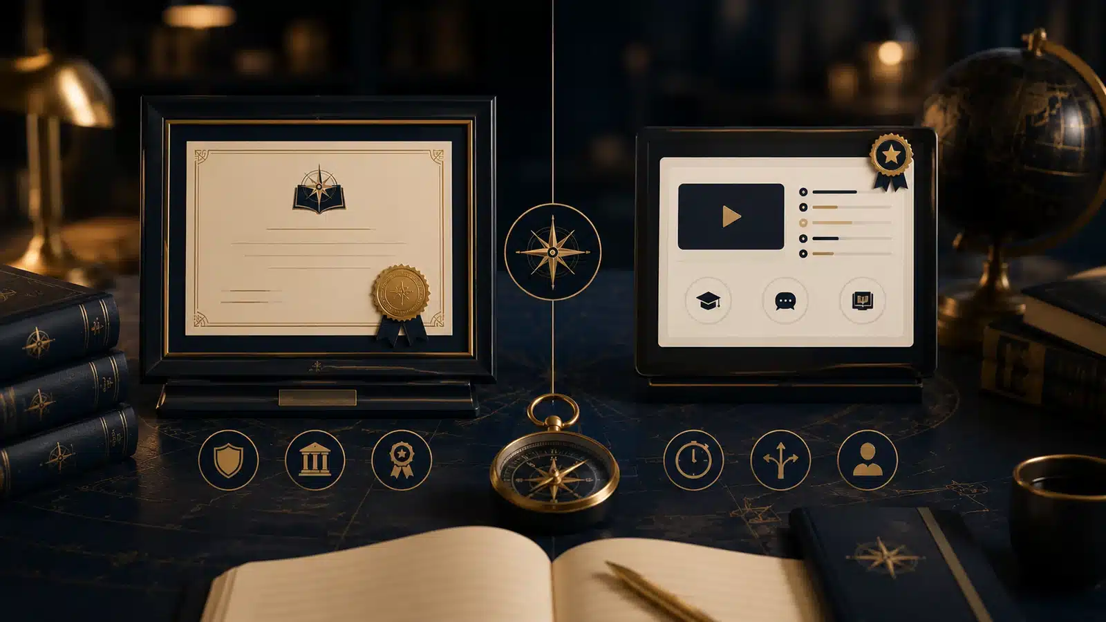 Framed academic credential compared with a flexible online course platform.