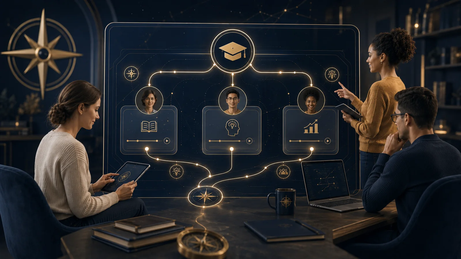 An educator reviewing personalized learning paths for several students on an adaptive platform.