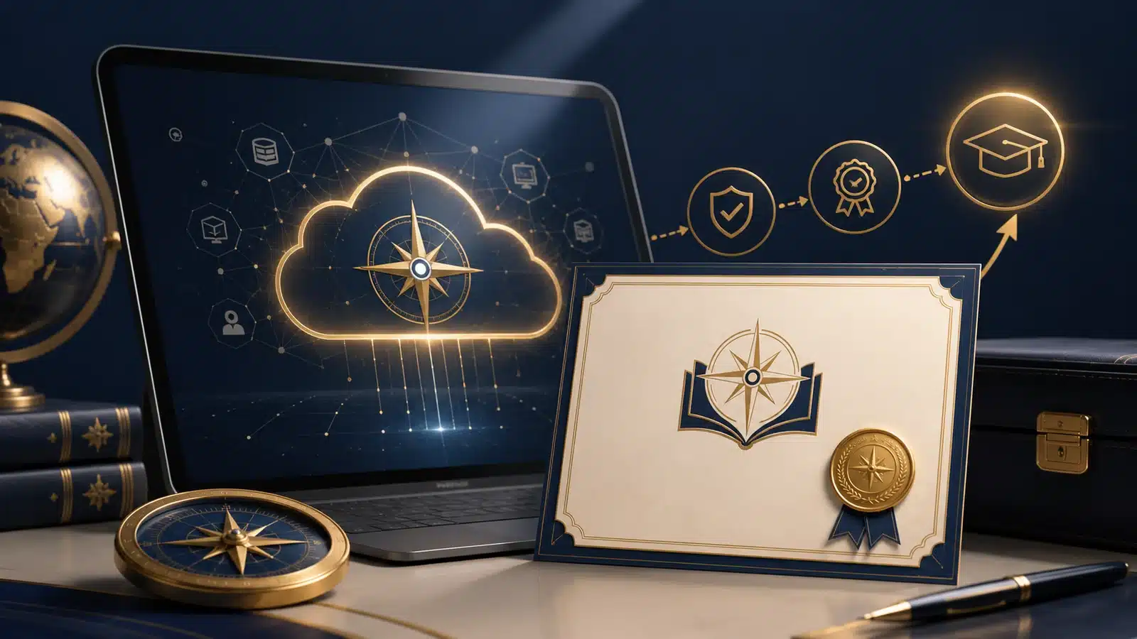Artificial intelligence network displayed on a laptop beside a professional certificate and compass.