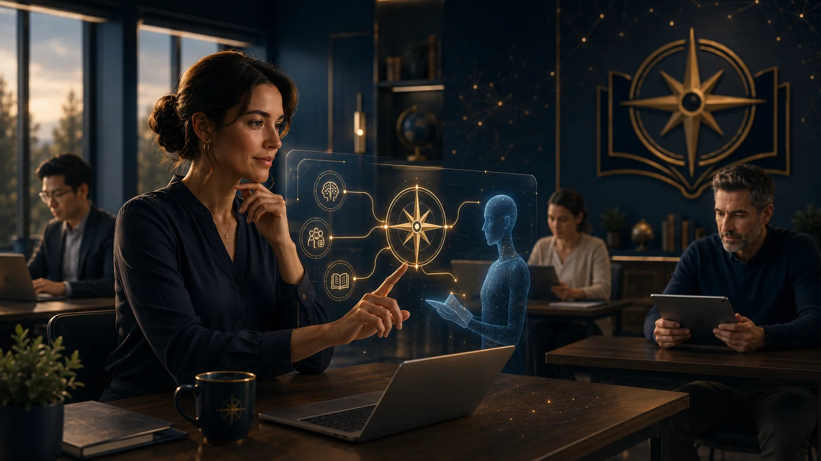 A professional using an AI-guided corporate learning platform while colleagues study nearby.
