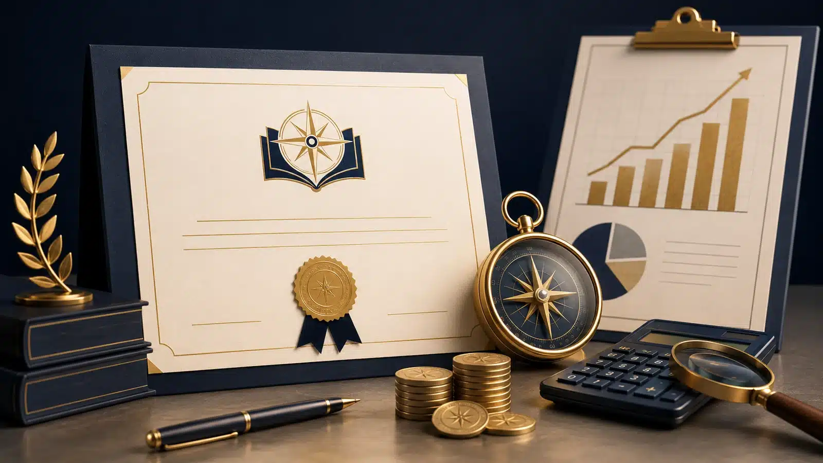 Certificate, financial chart, calculator, coins and compass representing certification value.