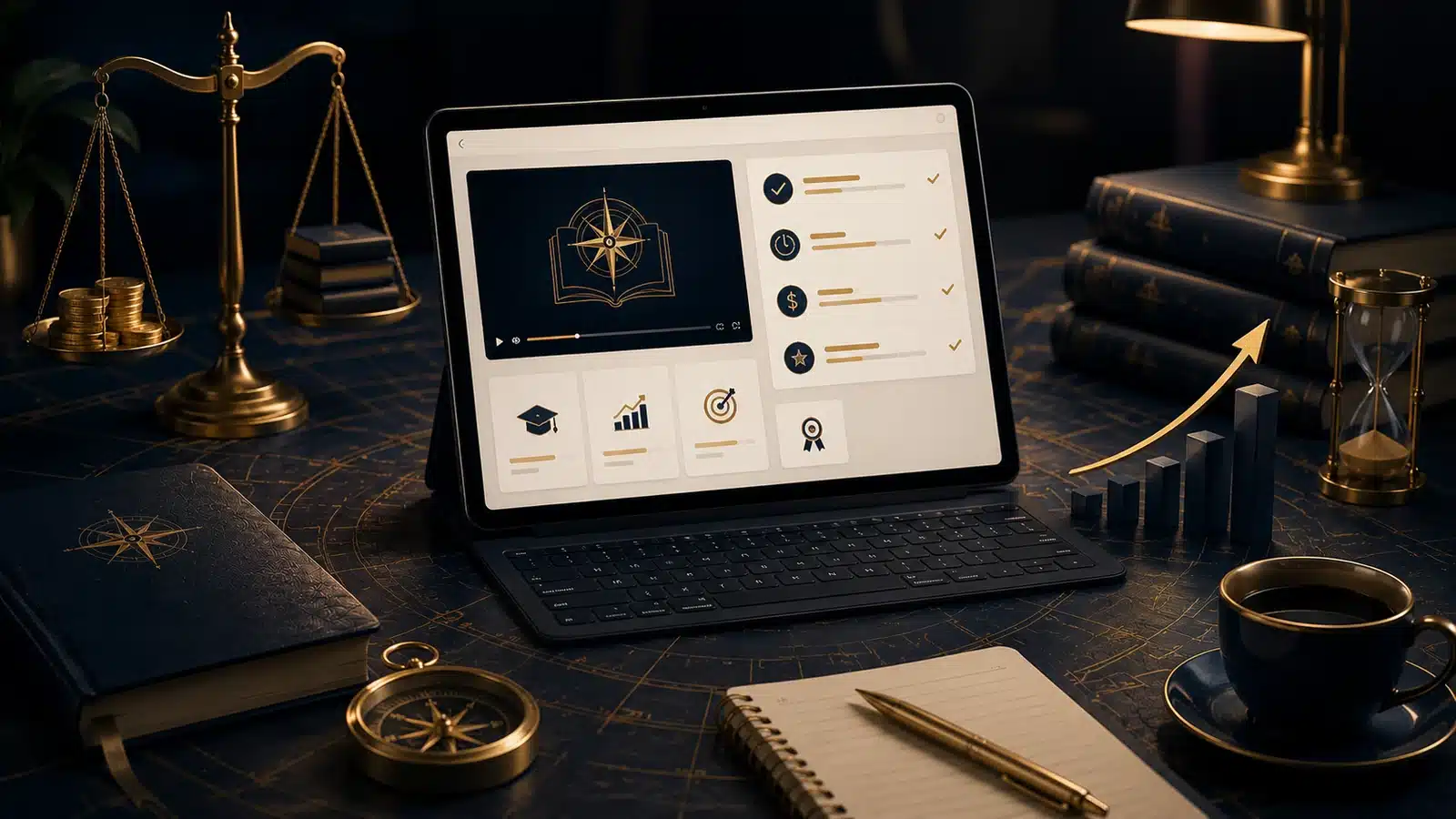 Online course dashboard beside cost, time and outcome symbols used to assess value.