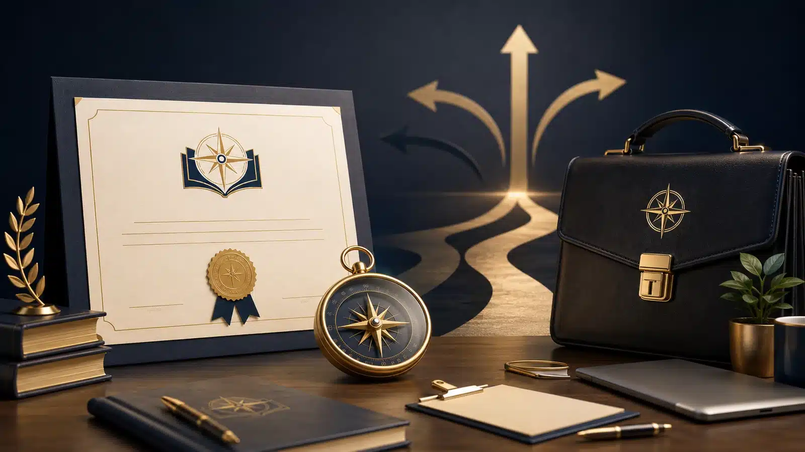 Certificate, compass, briefcase and branching career paths representing a professional transition.