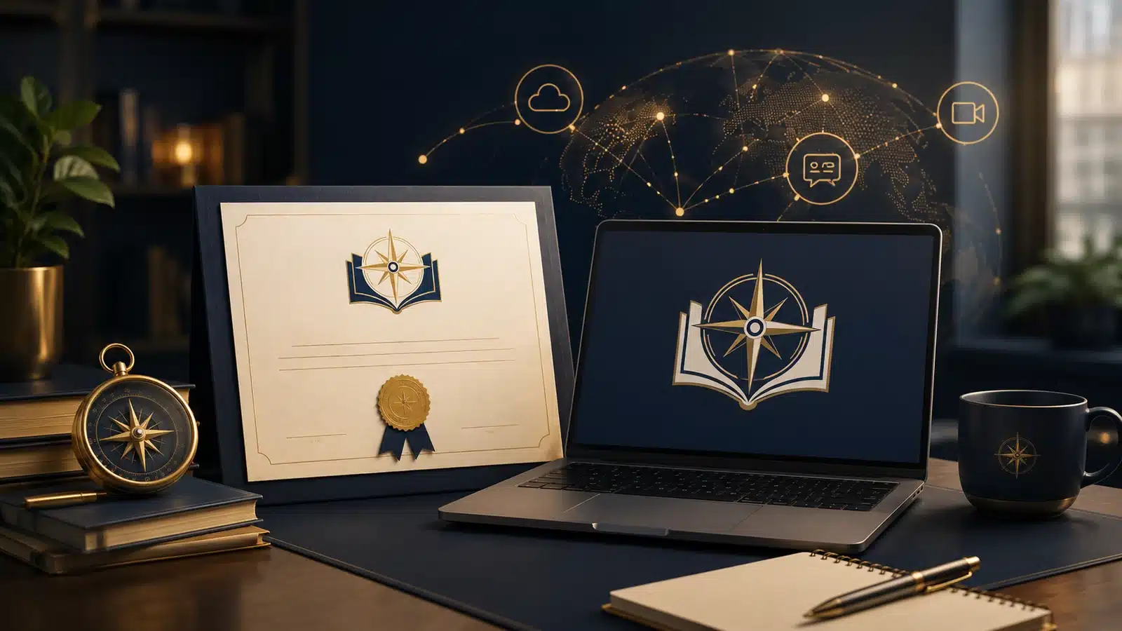 Laptop, professional certificate and global digital network representing remote-work credentials.