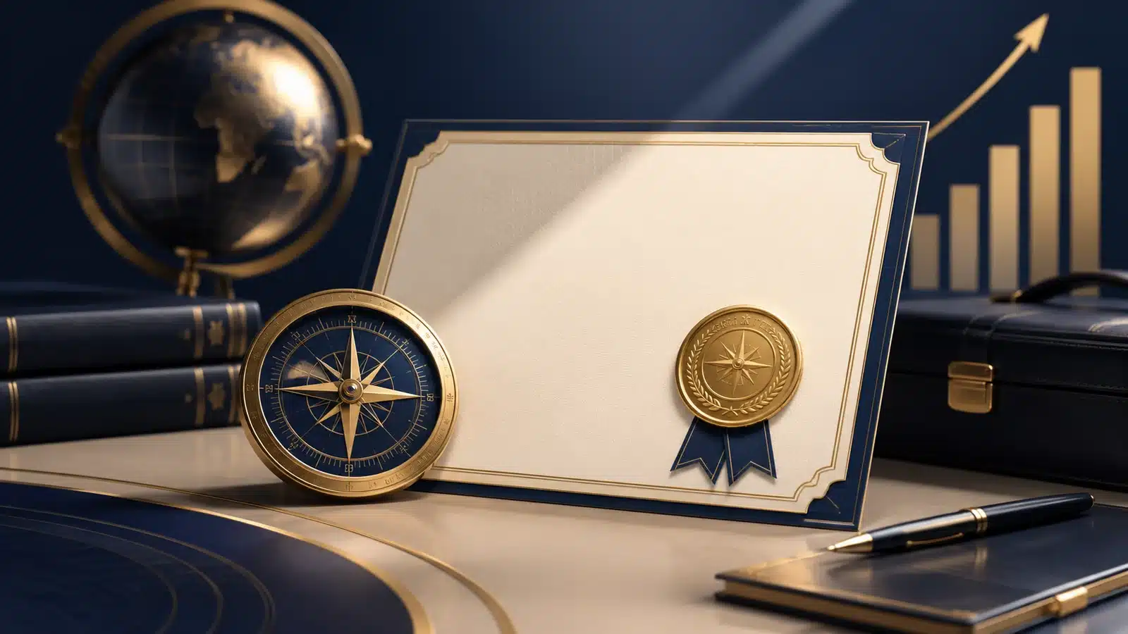 Professional certificate, compass, globe and rising chart representing high-paying certification paths.