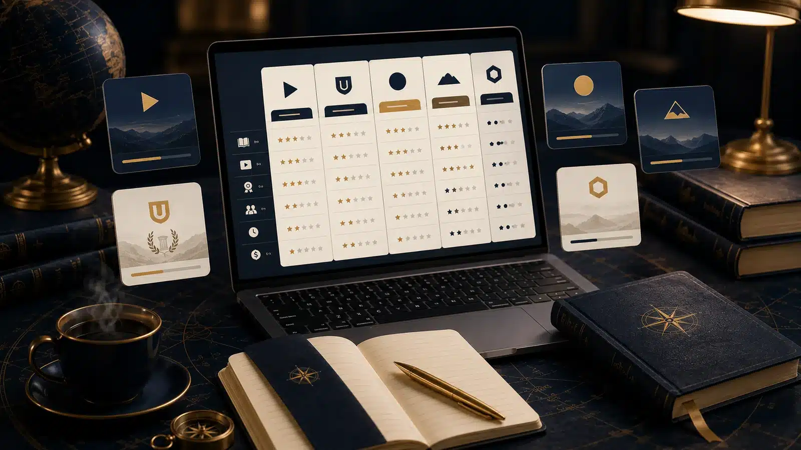 Laptop displaying a comparison grid for several online course platforms.
