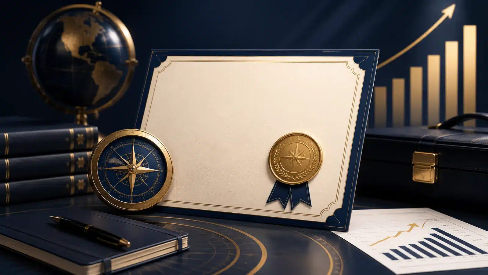 Business certificate, compass, globe and upward chart representing career and salary growth.