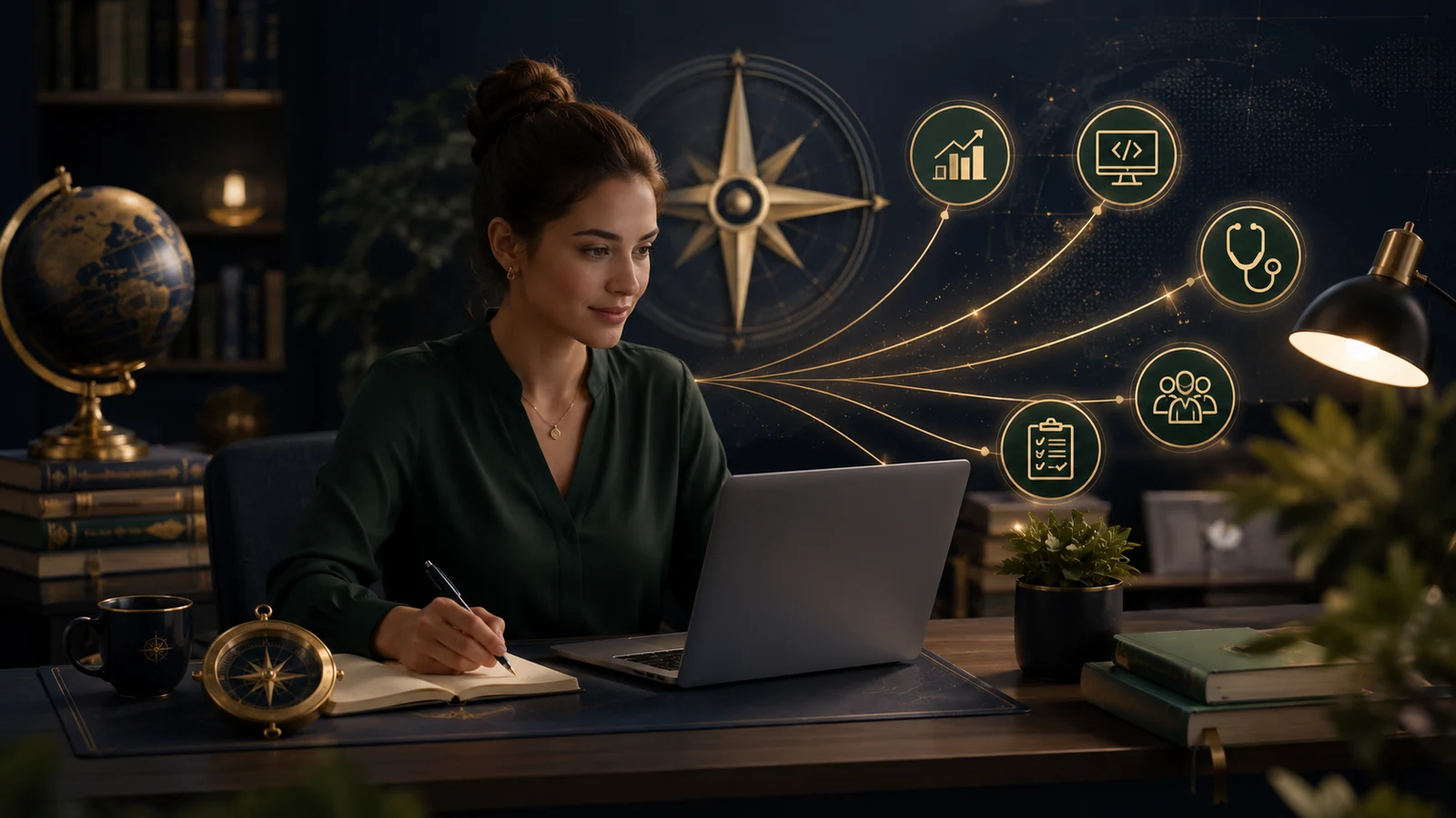 Online learner reviewing several career training options from a professional workspace.