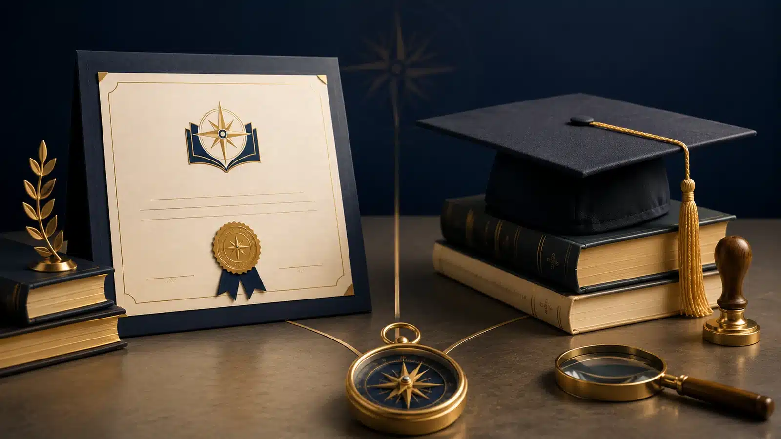 Professional certificate beside a graduation cap, books, compass and magnifying glass.