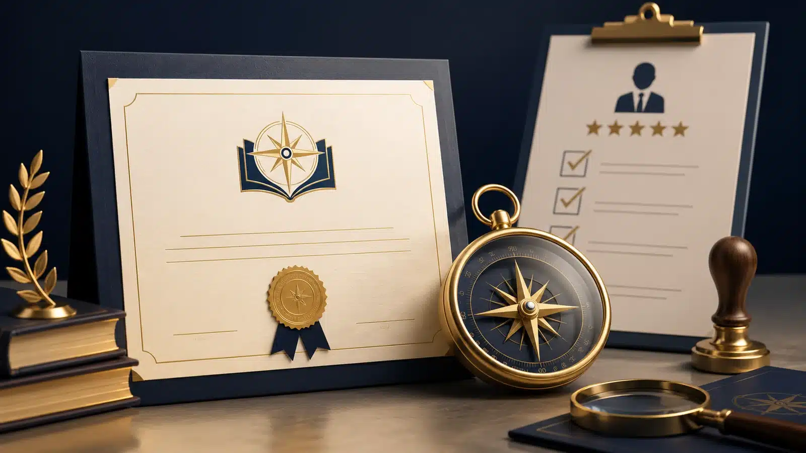 Professional certificate, employer evaluation checklist, compass and approval stamp.