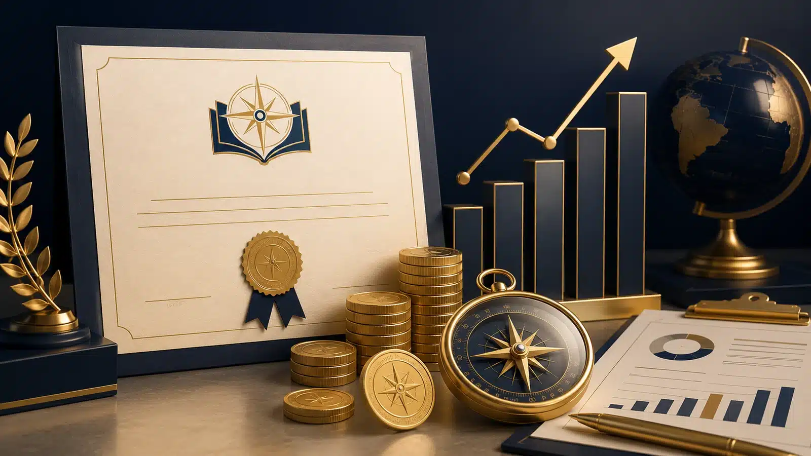 Certificate, coins, financial growth chart and compass representing certification return on investment.