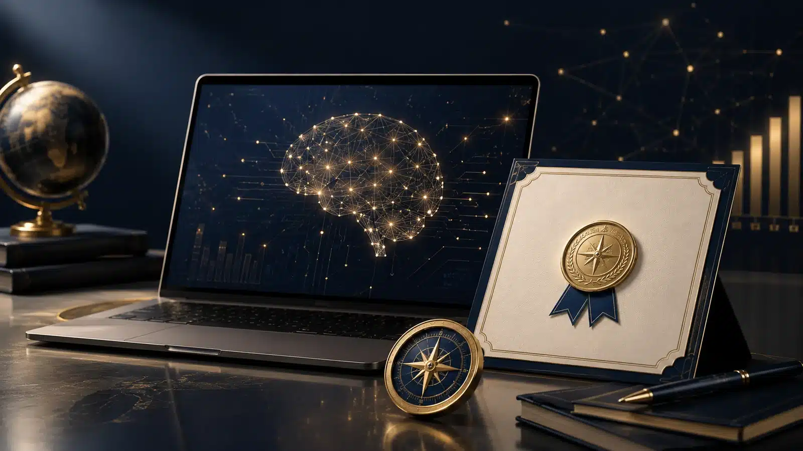 Cloud technology interface, certification document and compass representing cloud certification pathways.