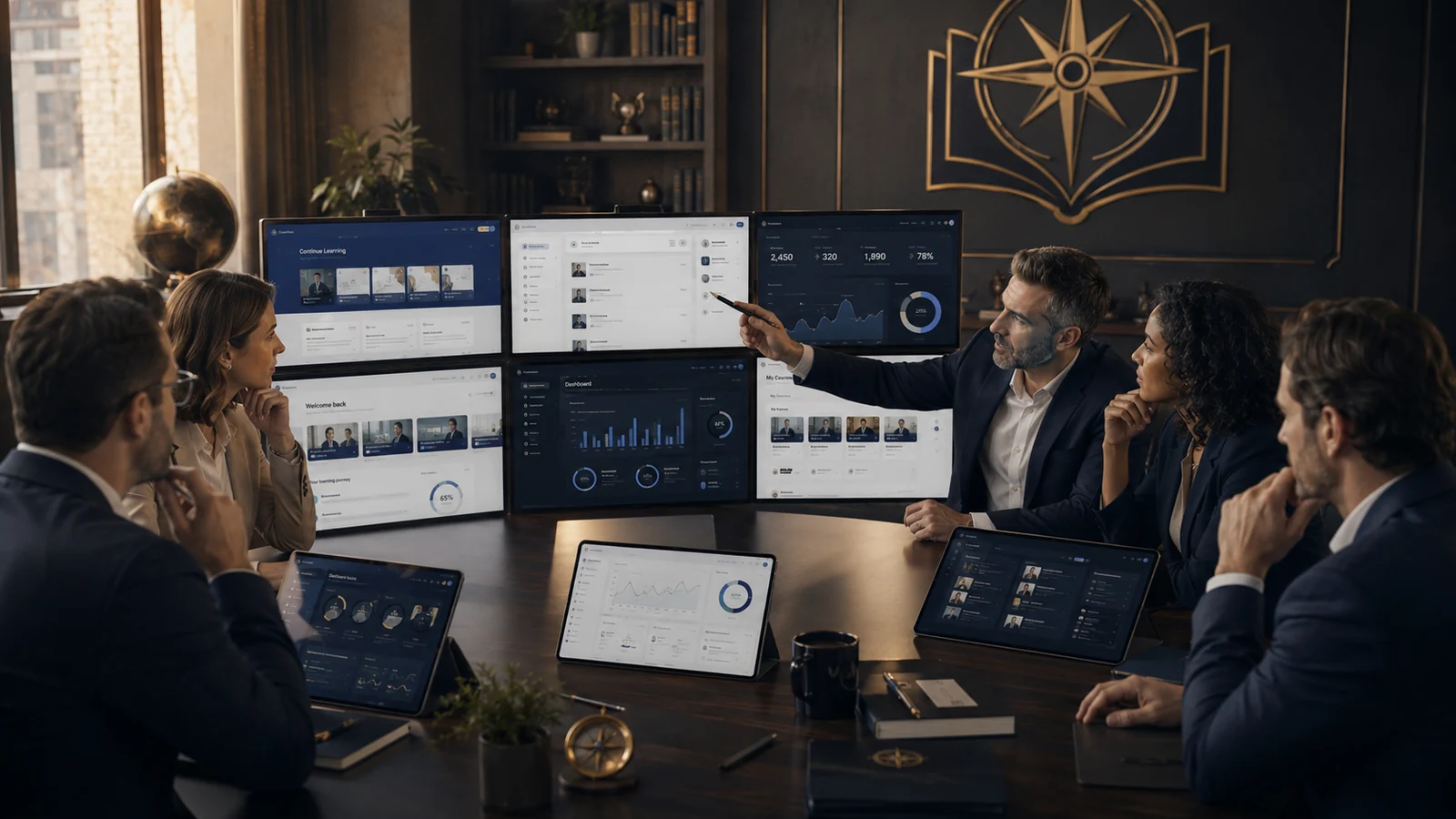 Corporate team comparing digital learning platforms and workforce analytics.