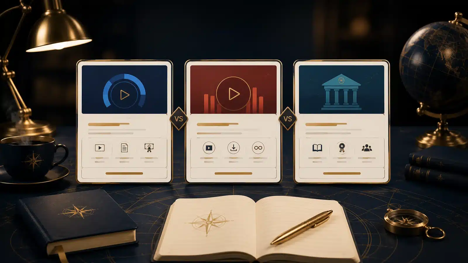 Three online learning platform cards arranged side by side for comparison.