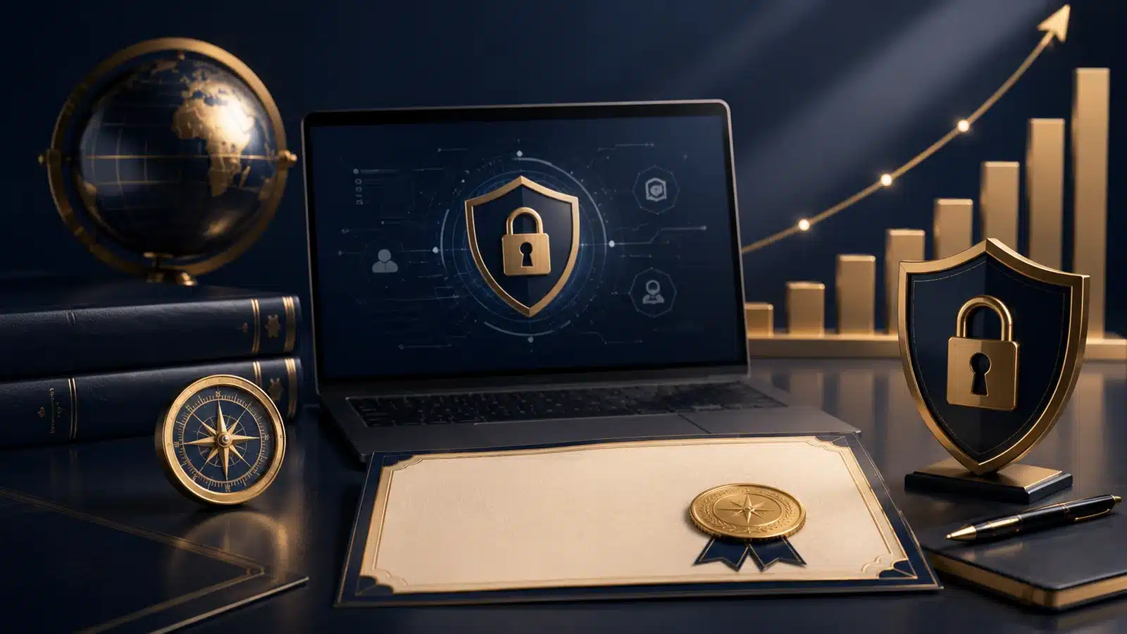 Cybersecurity shields, locks, laptop and certificate representing a security certification roadmap.
