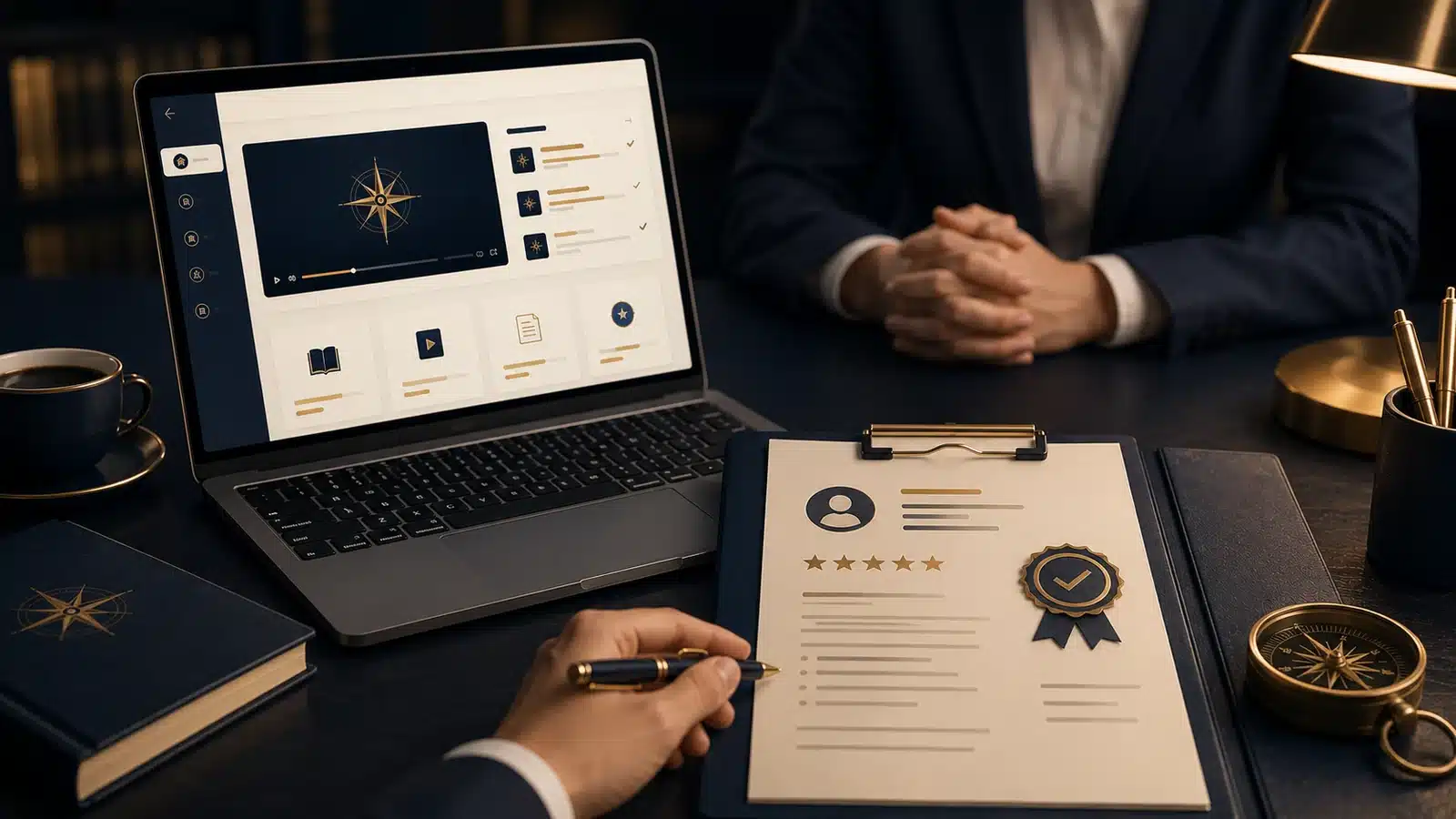 Employer reviewing an online learning profile and professional credential during a meeting.