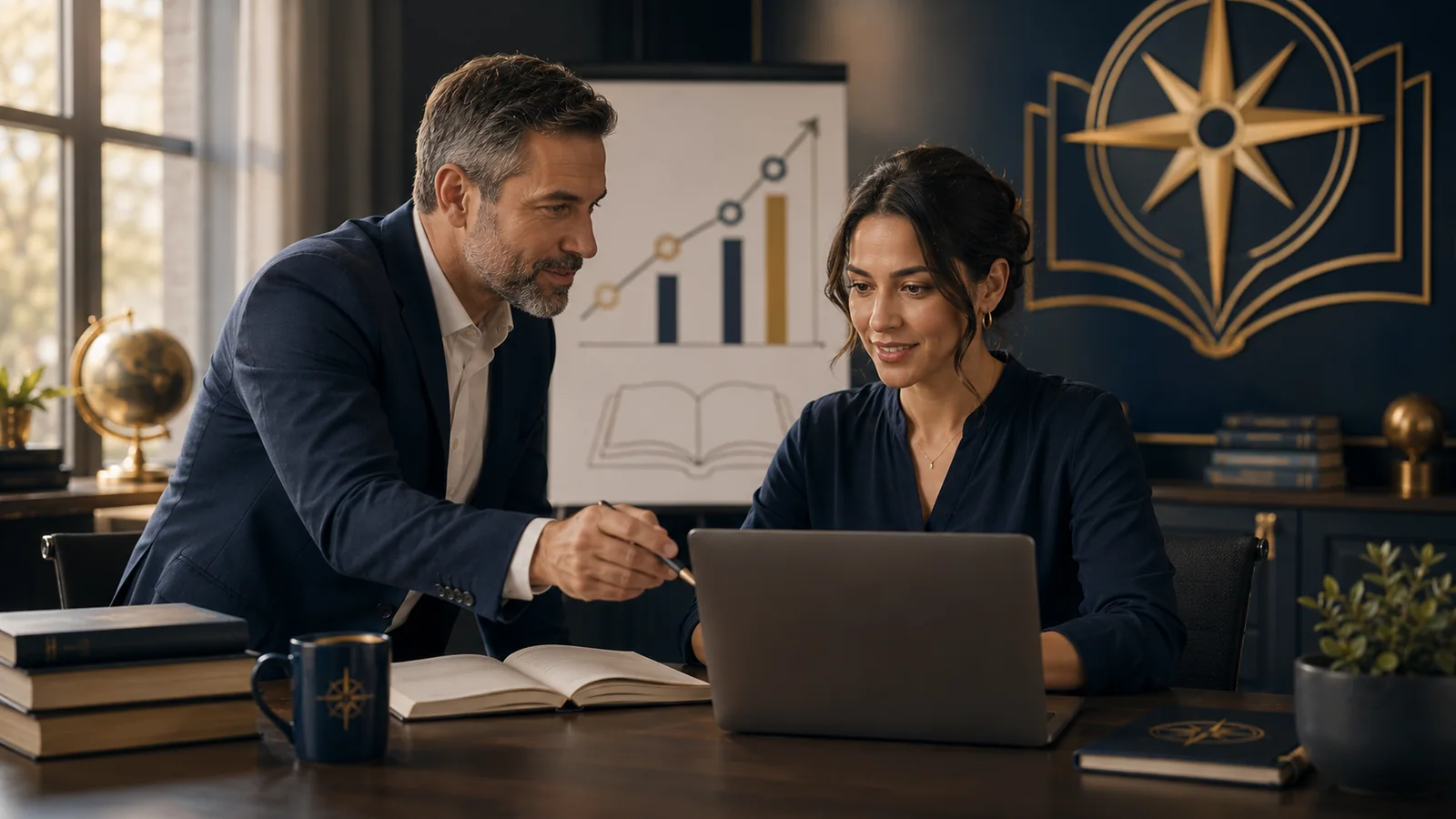 Two professionals reviewing an employee upskilling plan and learning progress in a modern office.