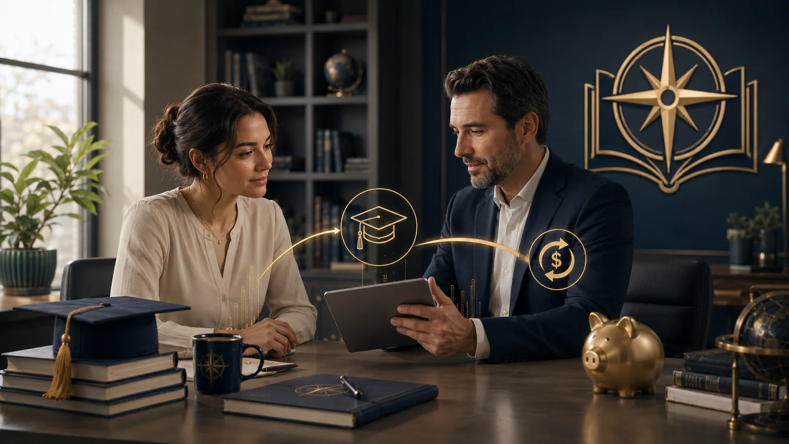 An employee and manager reviewing employer-funded tuition support and education costs.