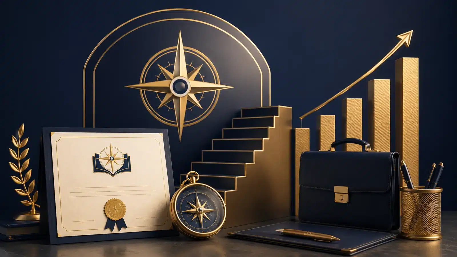 Entry-level certificate, career steps, briefcase and rising chart representing early career growth.