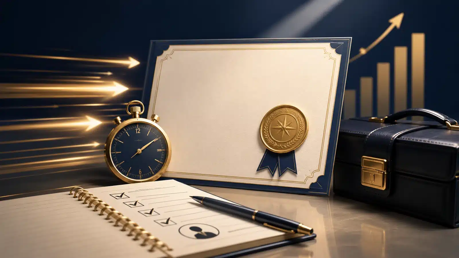 Certificate, stopwatch and checklist representing faster certification routes into employment.