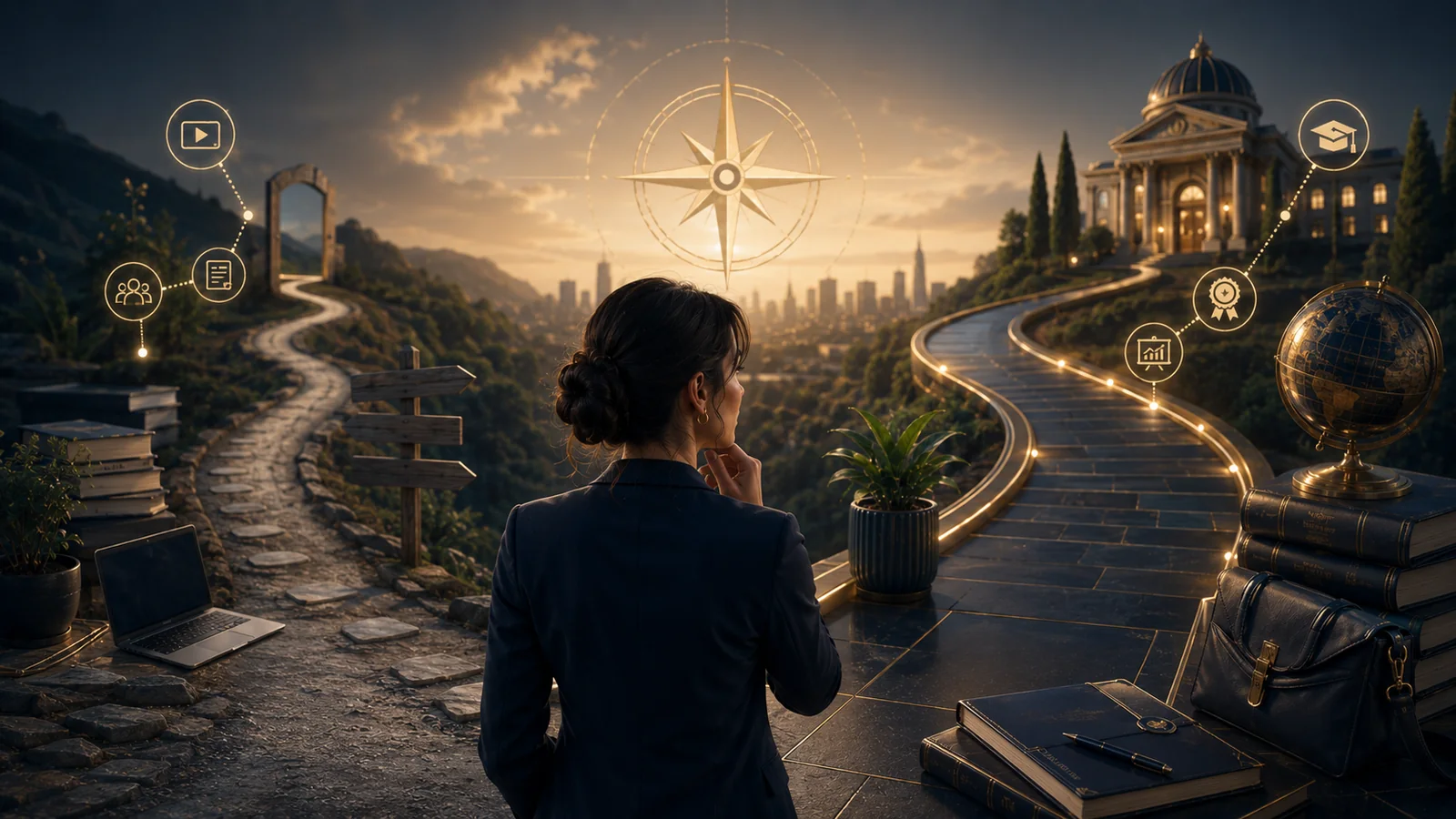 A learner comparing free and paid education paths and their possible career returns.