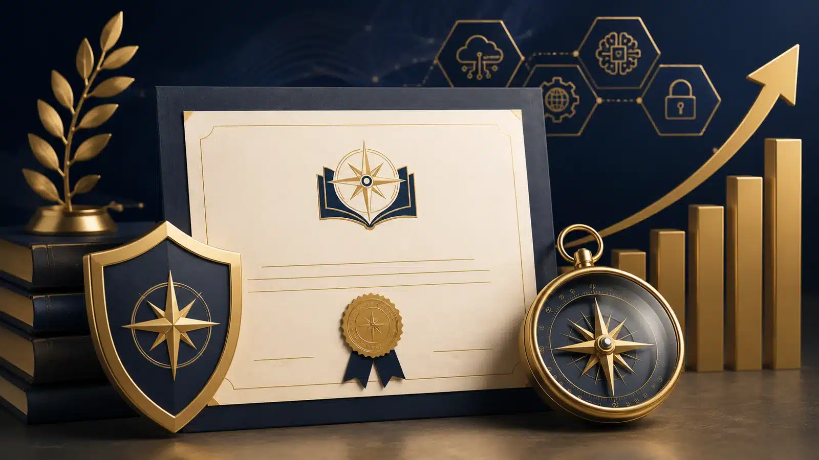 Professional certificate, technology icons, shield and rising chart representing durable credentials.