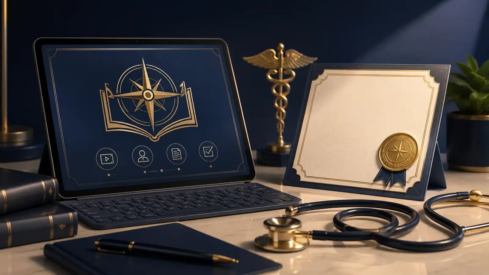 Online healthcare learning setup with laptop, certificate, stethoscope and professional study materials.