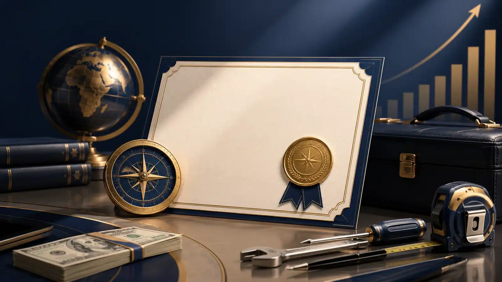 Professional certificate, compass, tools and career-growth symbols representing certifications without a degree.