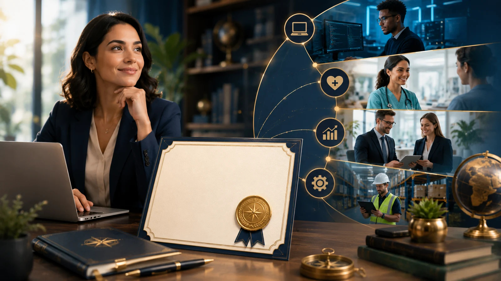 Professional skills linked to technology, healthcare, business and career growth.