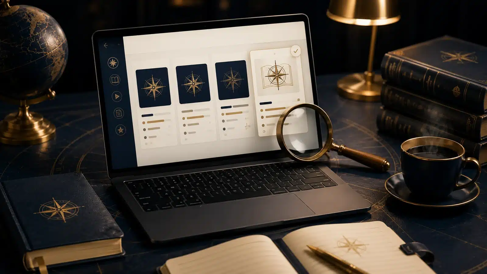 Course option cards on a laptop examined with a magnifying glass.