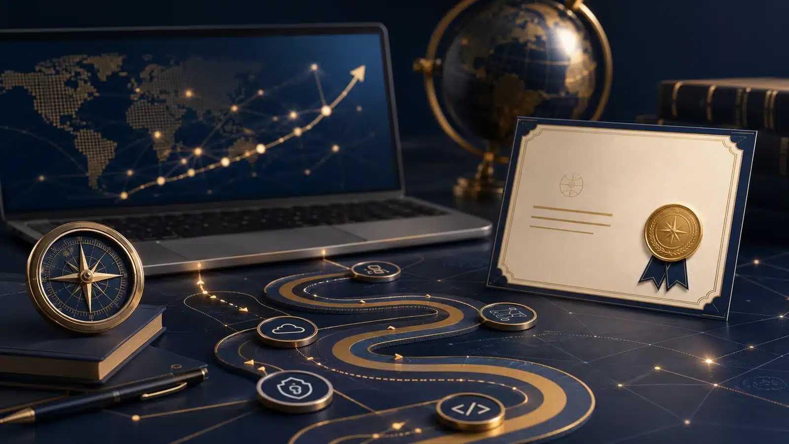 Technology certification roadmap with a laptop, compass, digital milestones and professional credential.