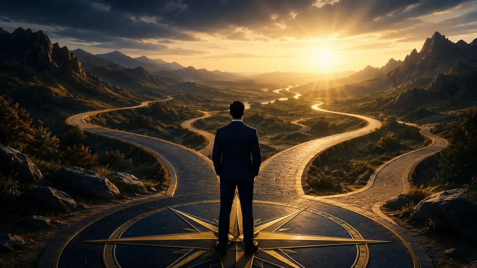 Professional choosing among multiple career pathways leading toward a bright horizon.