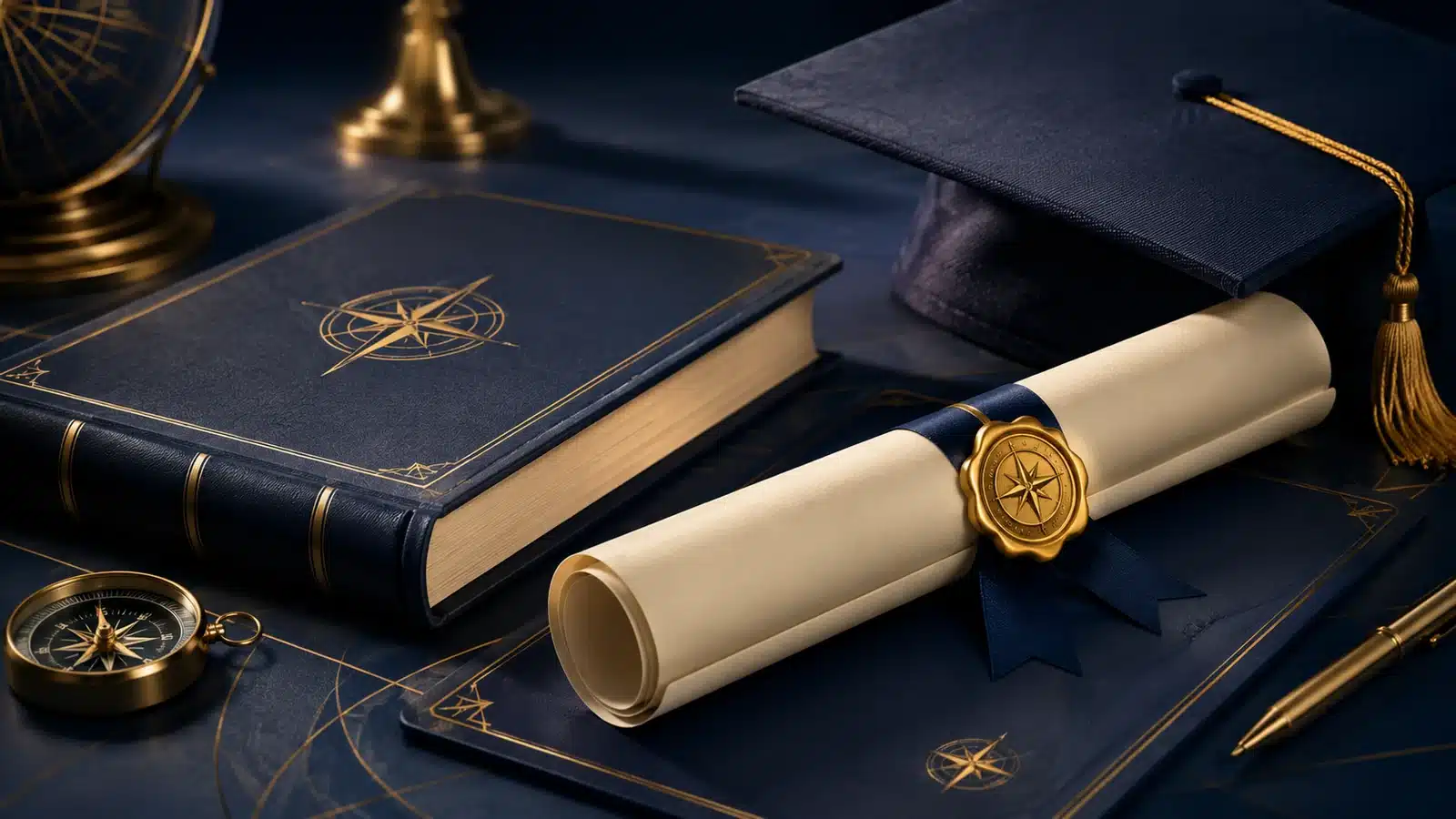 Compass, books and graduation cap representing professional certifications and career credentials.