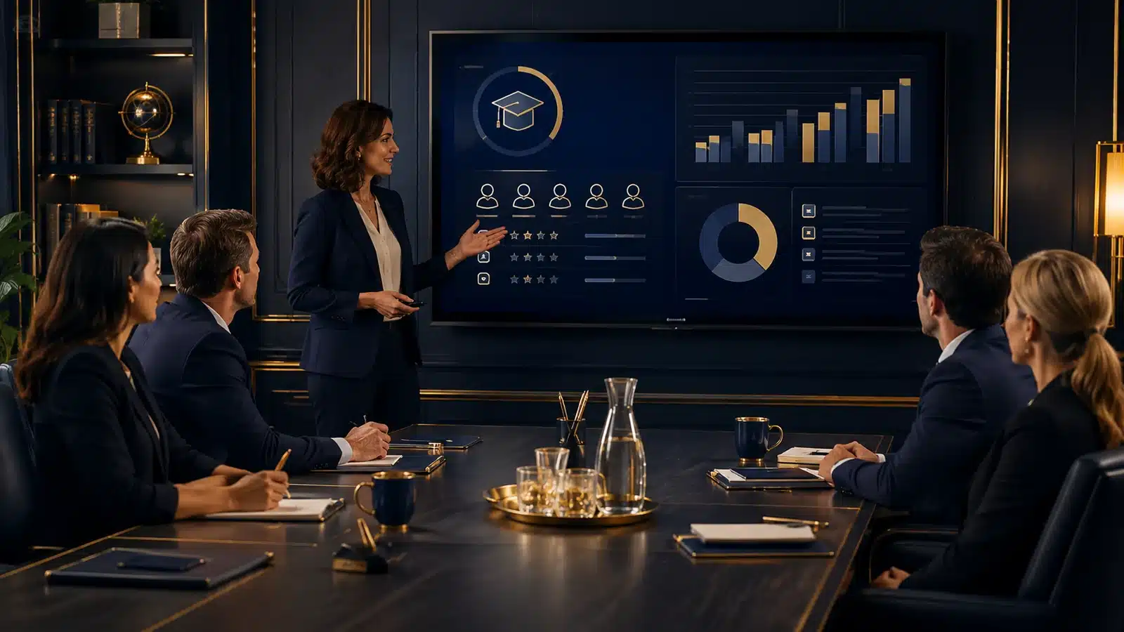 Corporate team reviewing workforce learning results during a boardroom presentation.