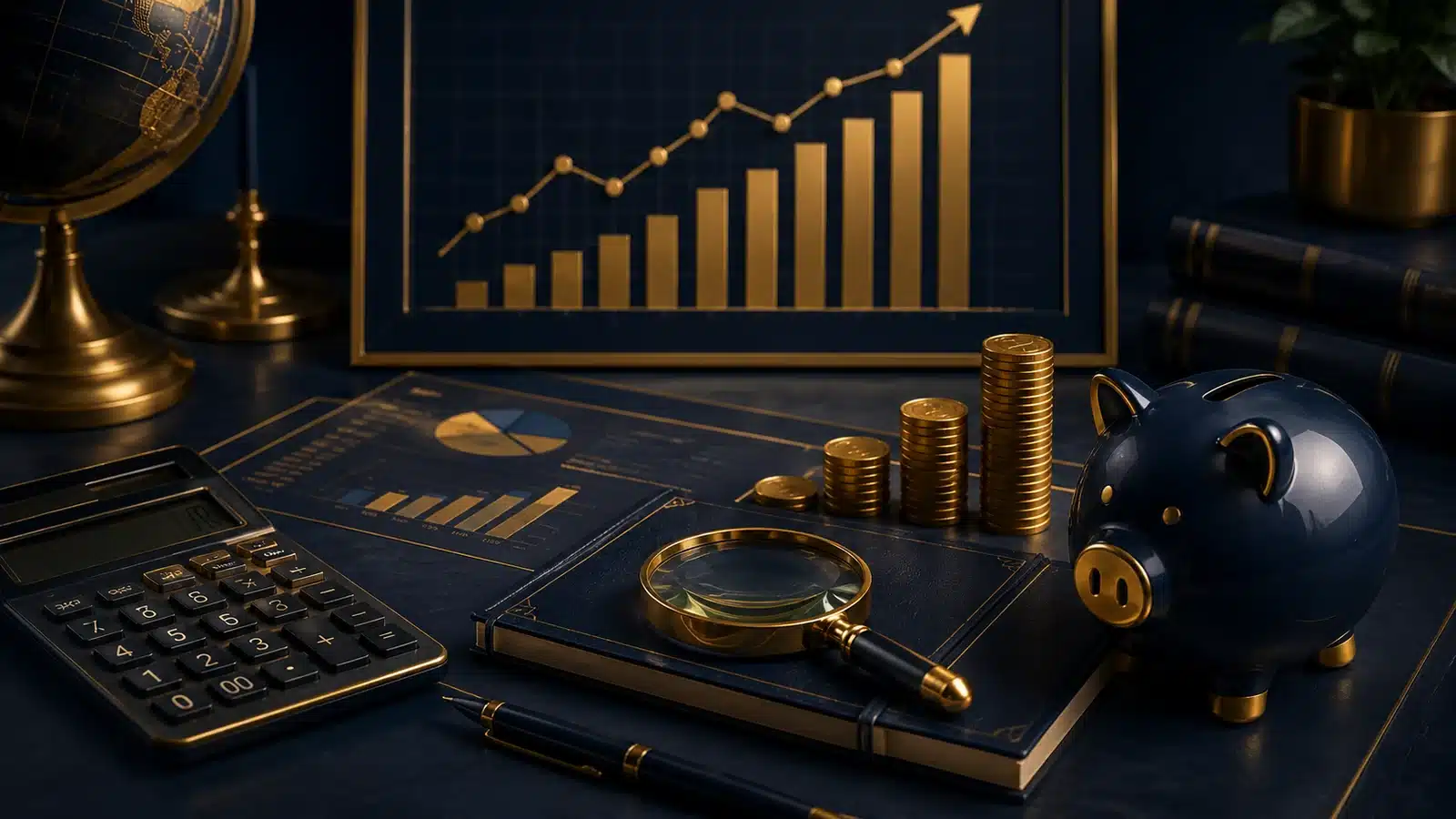 Financial planning desk with growth charts, calculator, savings and a magnifying glass.