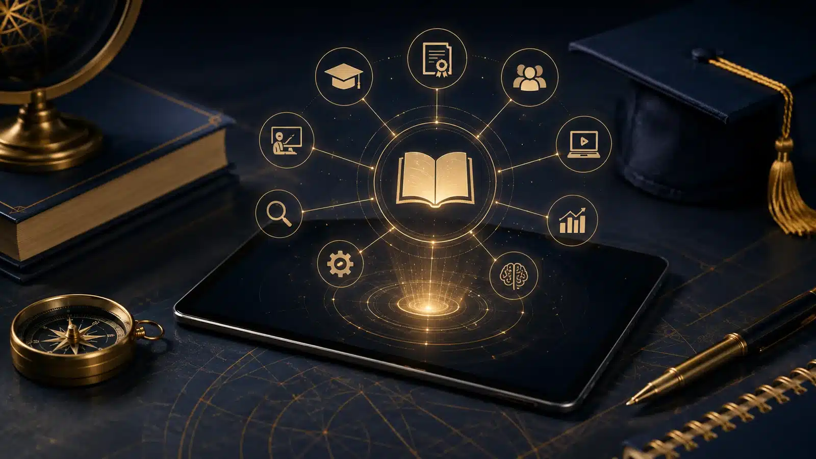 Digital learning tools and education technology icons arranged around an illuminated open book.