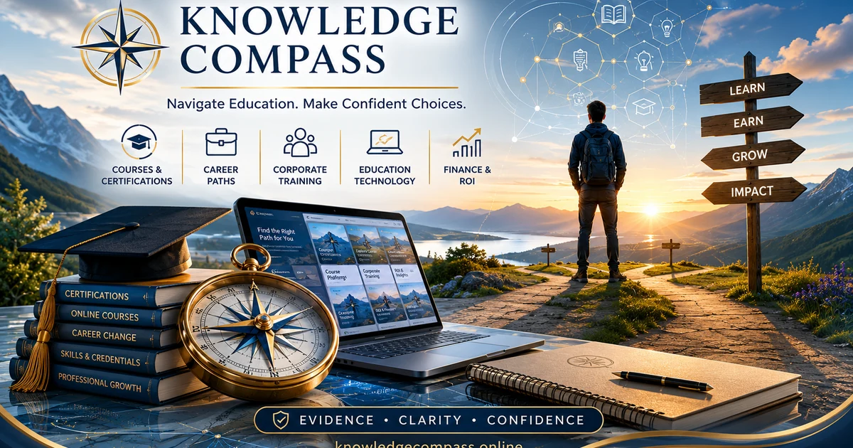 Knowledge Compass education and career decision pathways shown beside a mountain landscape and compass.