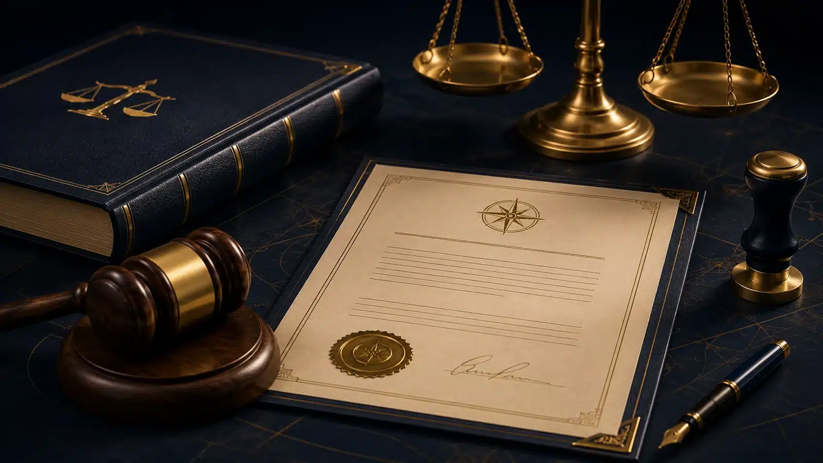 Professional licensing documents beside a law book, scales and a gavel.