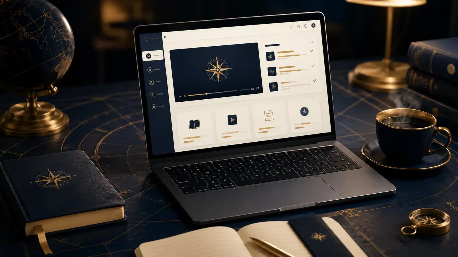 Laptop displaying an online learning platform beside books, a notebook and a compass.