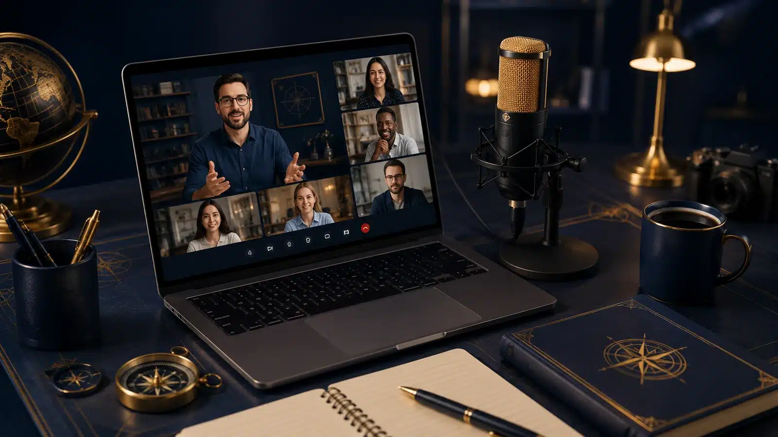 Online instructor leading a virtual class from a professional home studio.