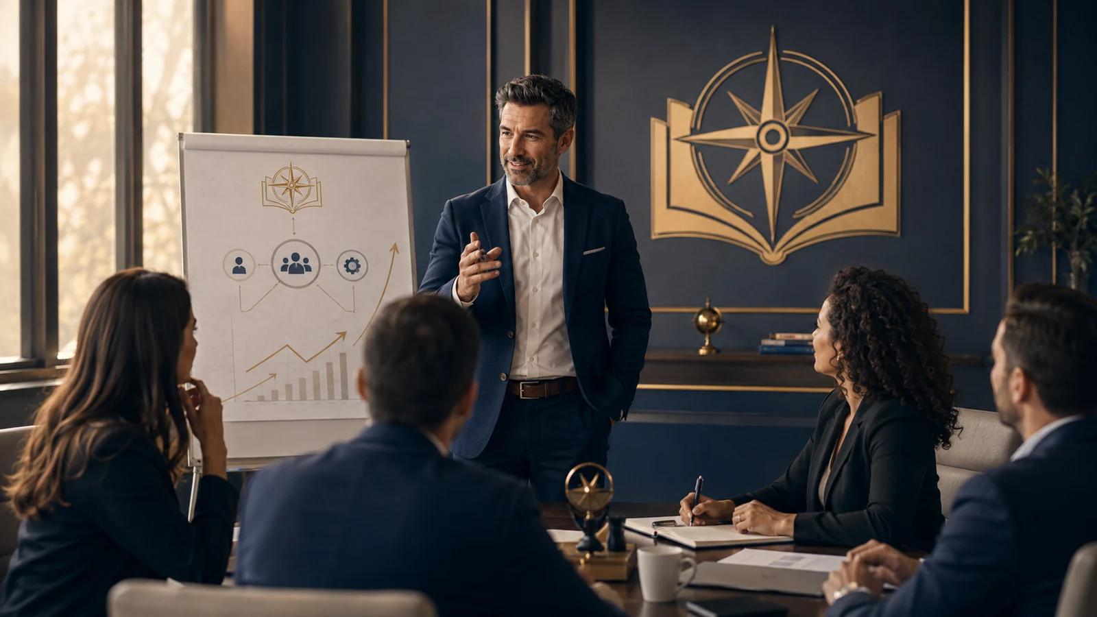 Leadership facilitator guiding a company development session.