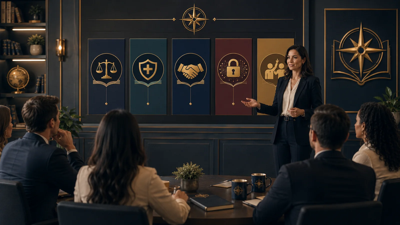 A trainer presenting required workplace training categories to a group of employees.