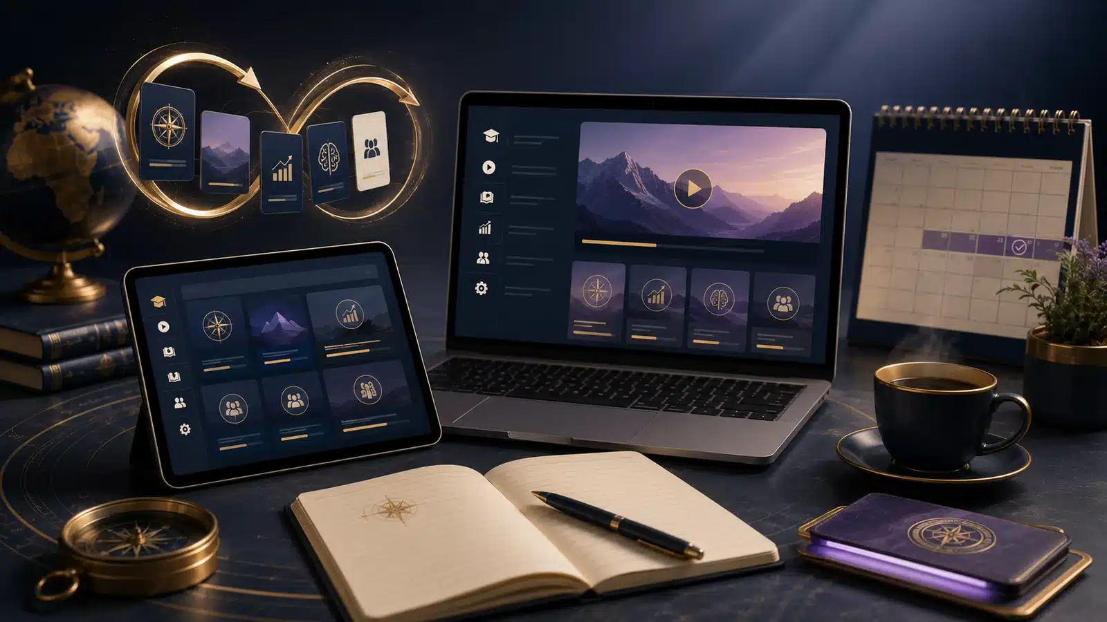 Short digital learning modules arranged around a compass-themed workspace.