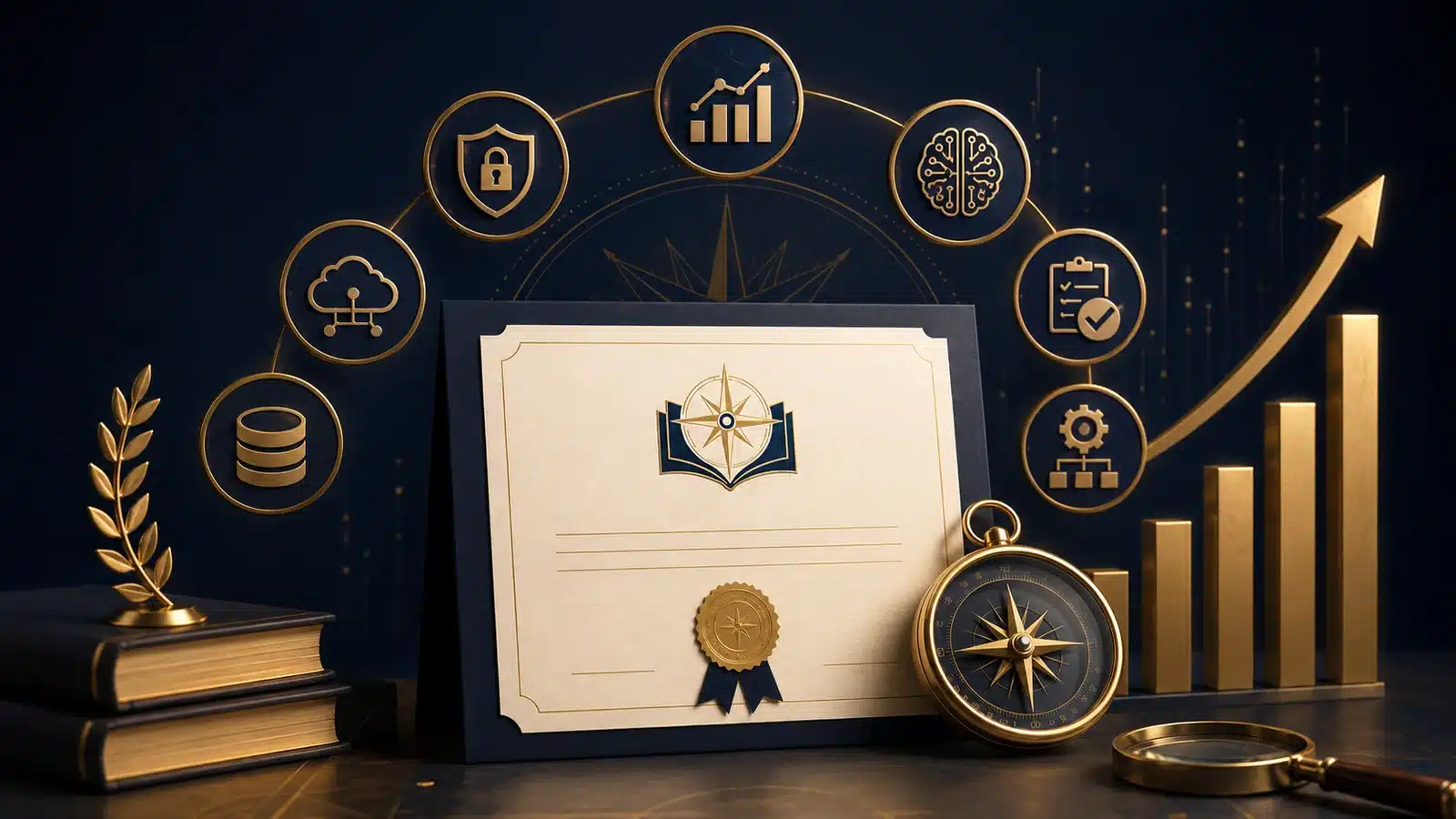 Professional certificate surrounded by cloud, security, data, AI and project-management symbols.