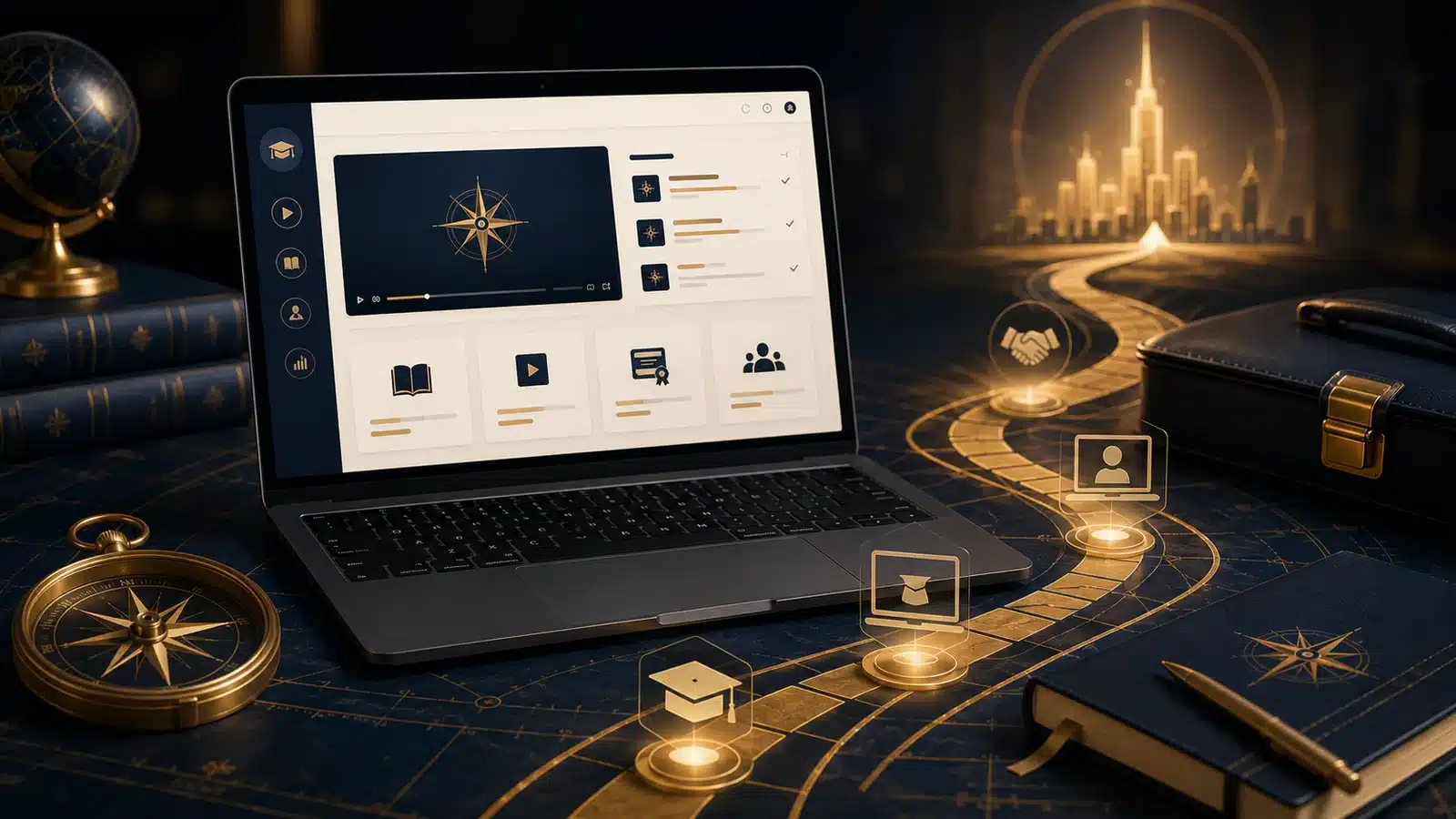 Online learning platform connected to a pathway leading toward employment opportunities.