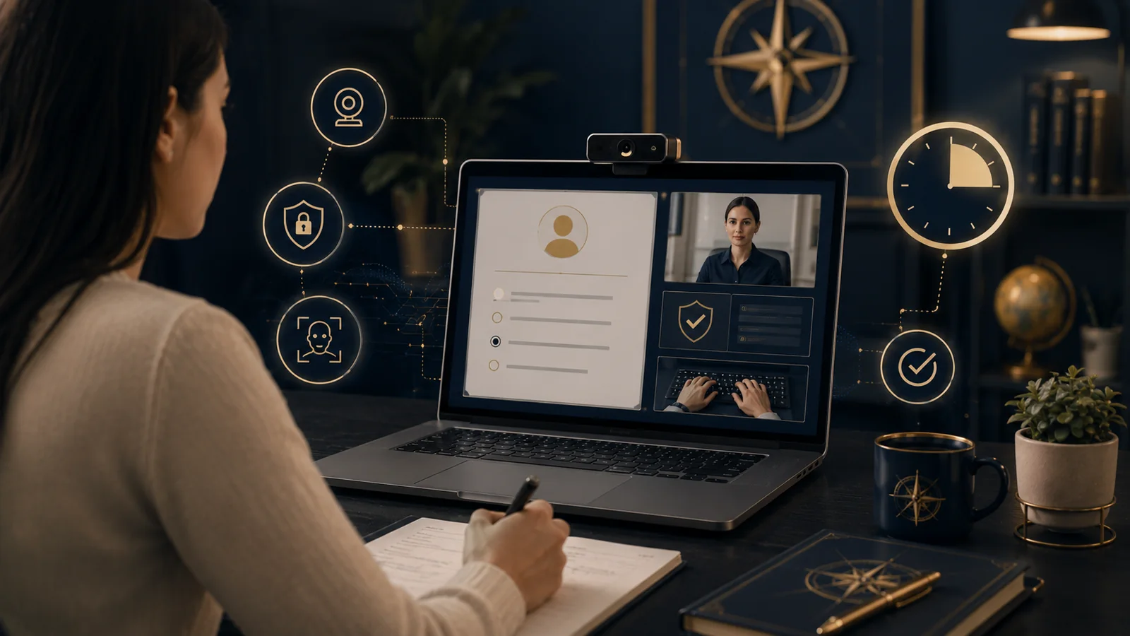 A learner completing a remotely proctored online examination on a laptop.
