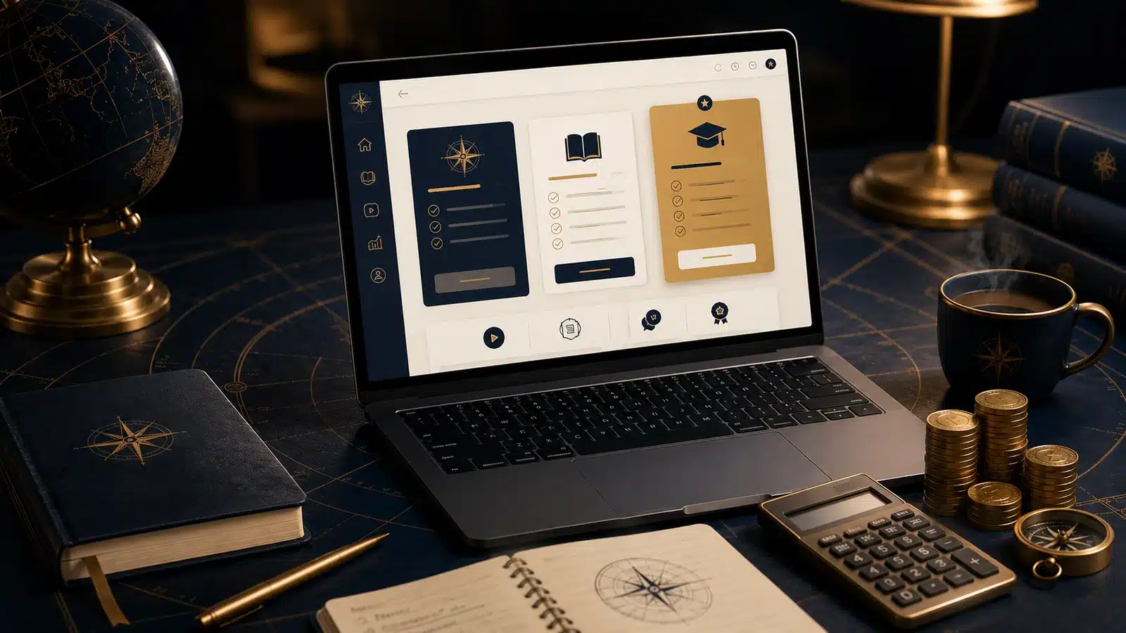 Online course pricing options displayed beside a calculator, coins and study materials.