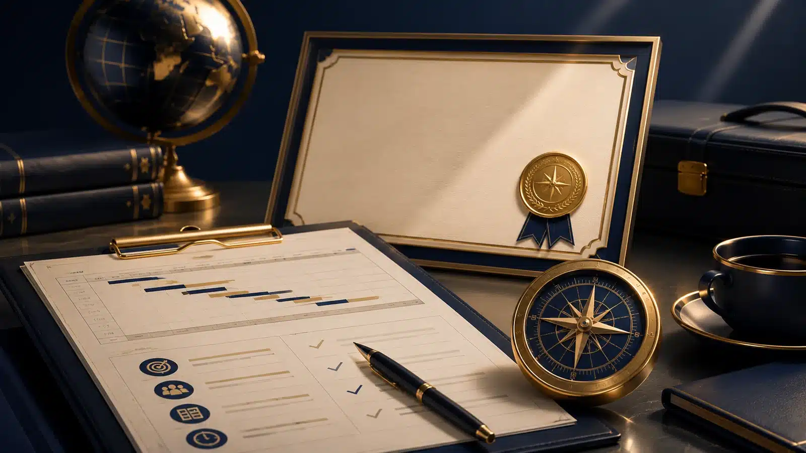 Project plan, schedule, certificate and compass representing project management credential comparison.