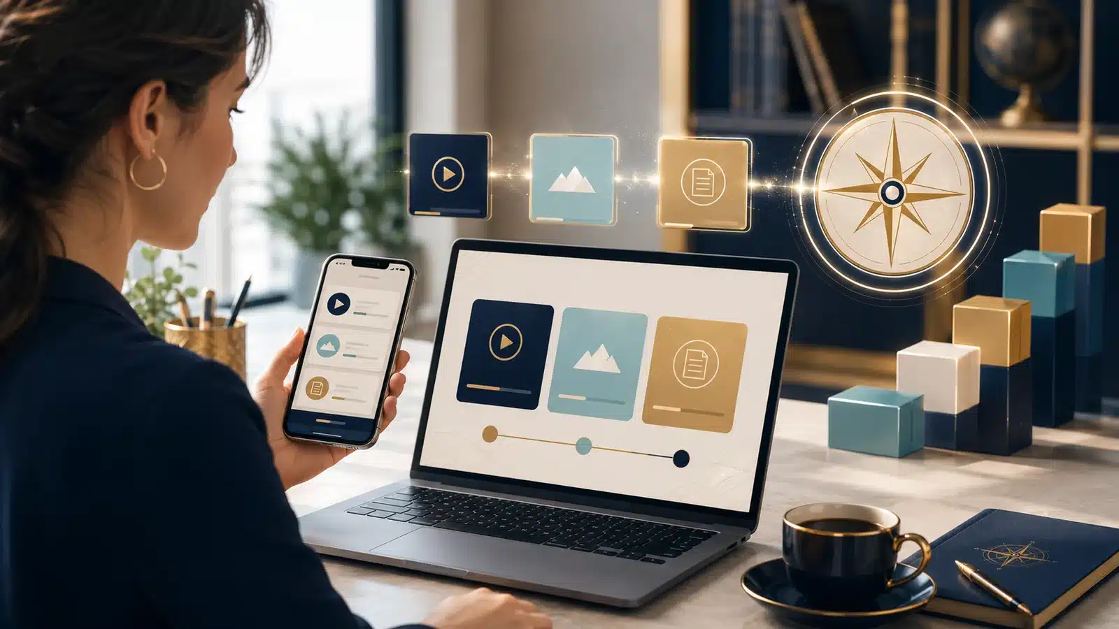Subscription learning platform shown across laptop and mobile devices.
