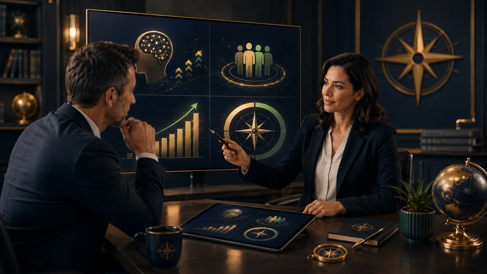 A learning leader reviewing workforce growth, performance, and training return metrics.